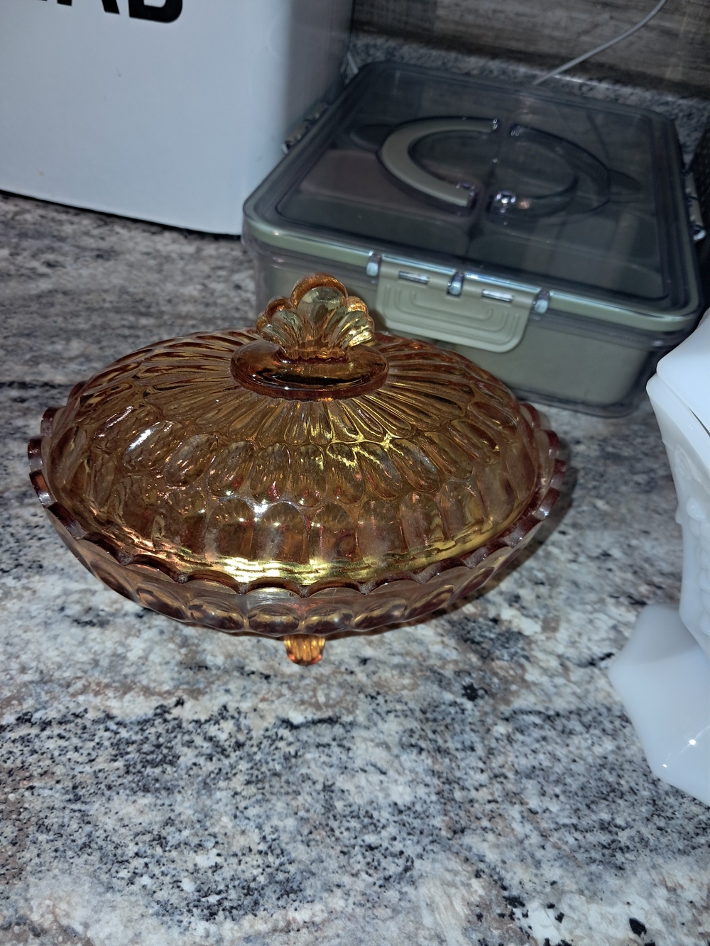 Fenton Amber Carnival Glass Covered Candy Dish